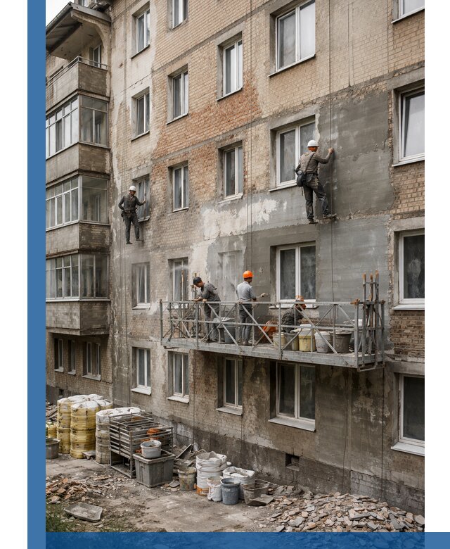 Капитальный ремонт фасада в Сарапуле с восстановлением и гидроизоляцией