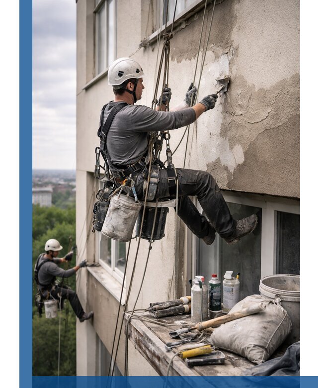 Косметический ремонт фасада зданий в Сарапуле промышленными альпинистами