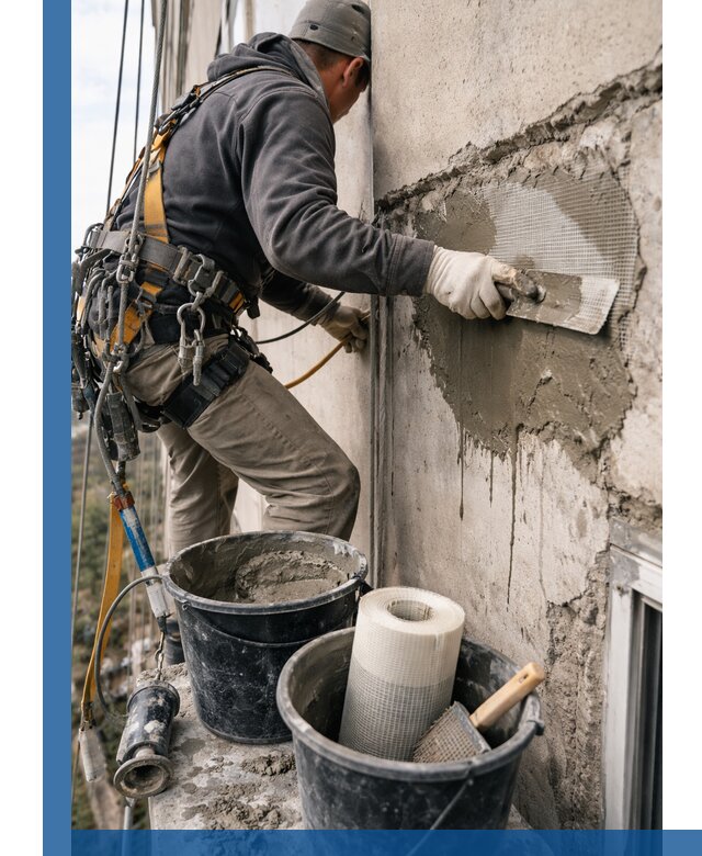 Ремонт бетонных элементов фасада промышленными альпинистами в Сарапуле