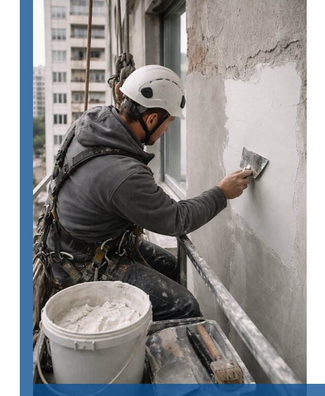 Шпаклевка фасадов на высоте с промальпинистами в Сарапуле