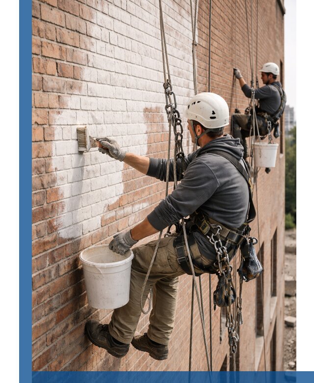 Покраска кирпичного фасада с доступным альпинистским сервисом в Сарапуле