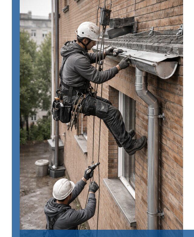 Монтаж водосточной системы на здании в Сарапуле под ключ