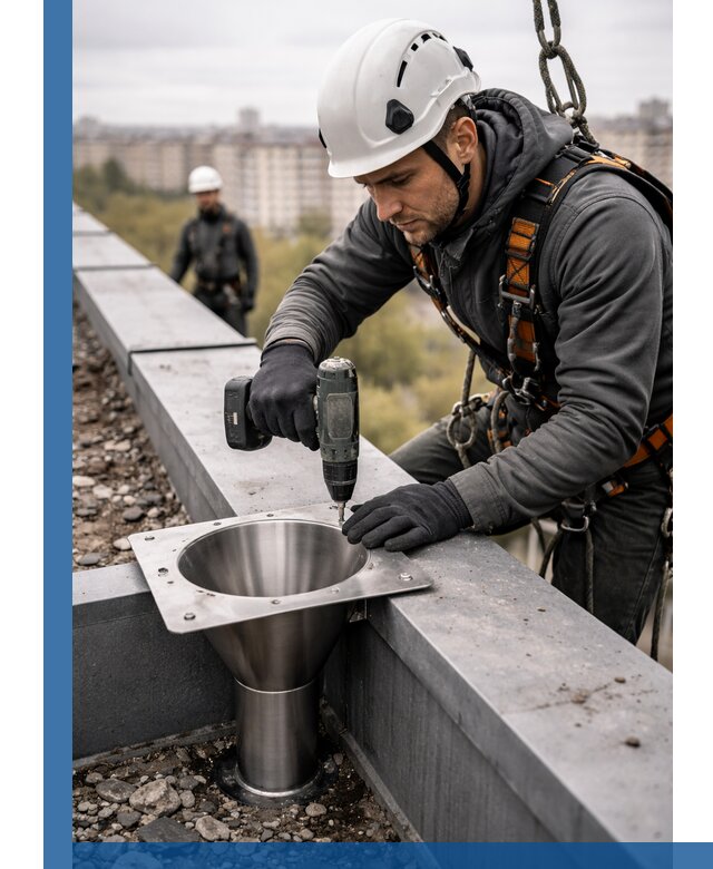 Монтаж водосточных воронок в Сарапуле для промышленных зданий