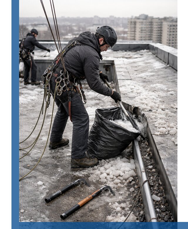 Аварийная очистка кровли в Сарапуле от промальпинистов