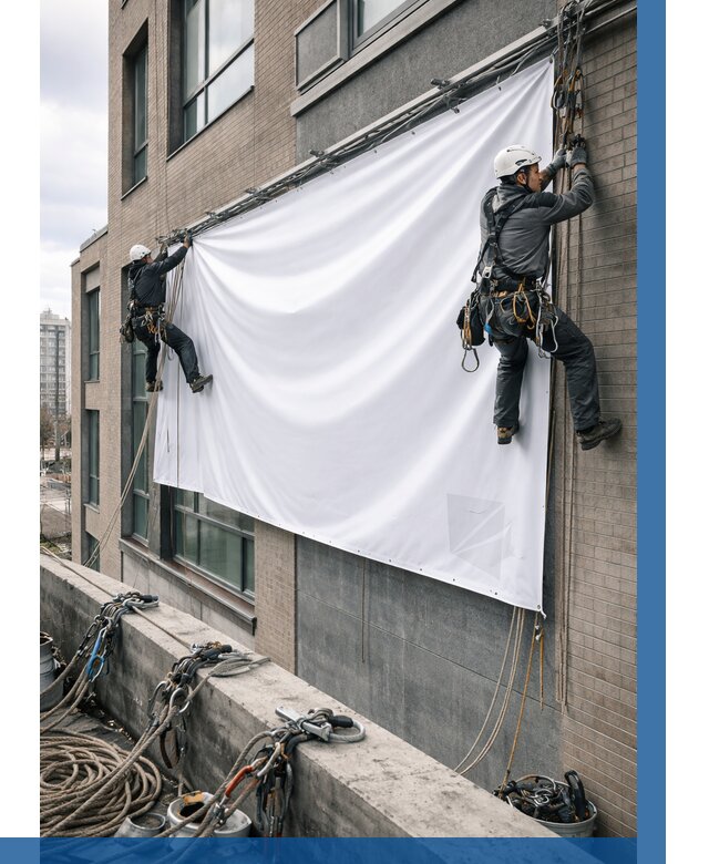 Монтаж баннеров на фасаде в Сарапуле от 671 р. заказать ВЫСОТНИК-Срл