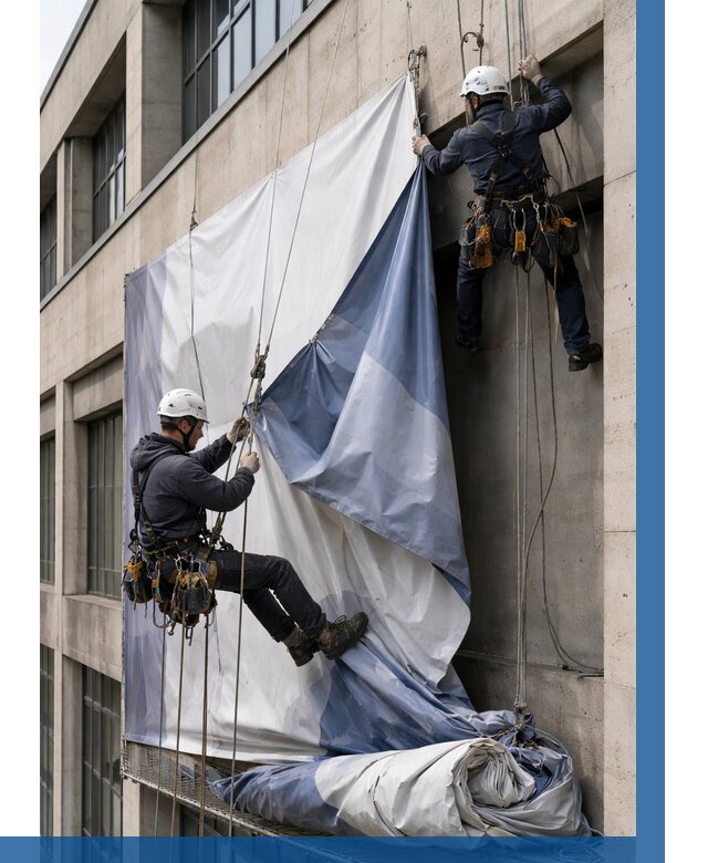 Демонтаж баннеров с фасада в Сарапуле от 4646 р. | ВЫСОТНИК-Срл