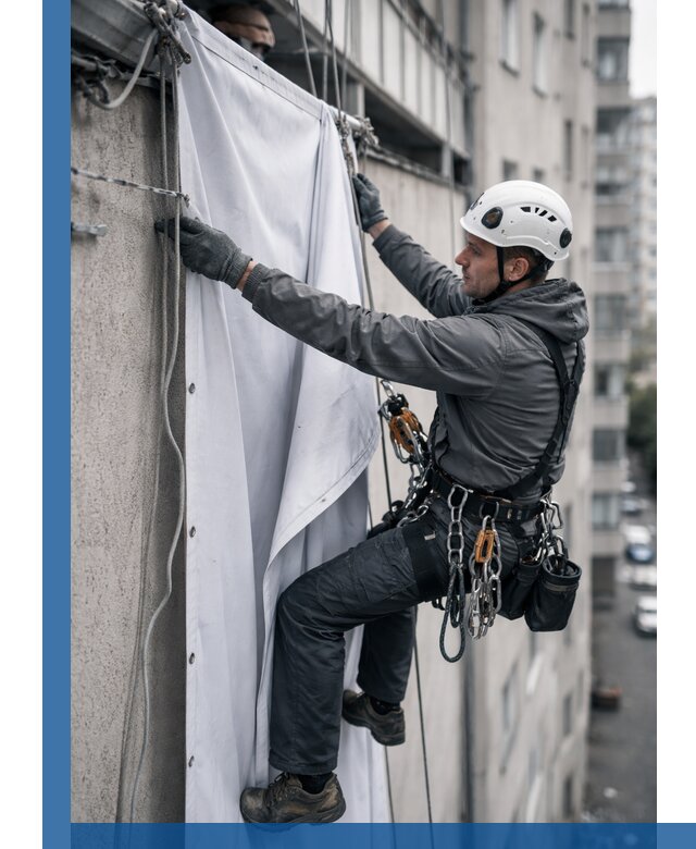 Замена баннерного полотна промышленными альпинистами в Сарапуле