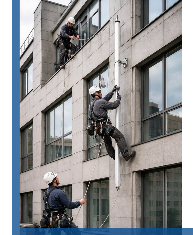 Монтаж флагштока на фасаде здания с креплением и герметикой в Сарапуле