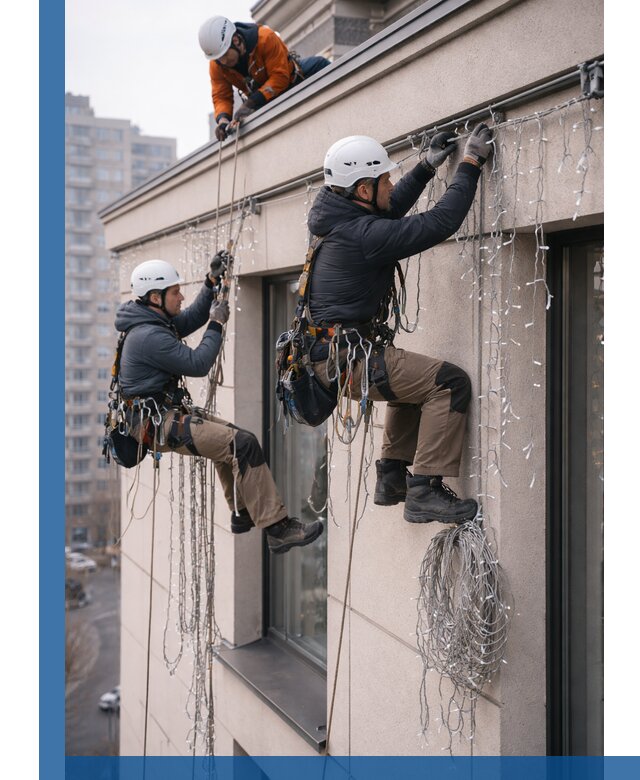 Монтаж праздничных гирлянд на фасаде в Сарапуле для зданий