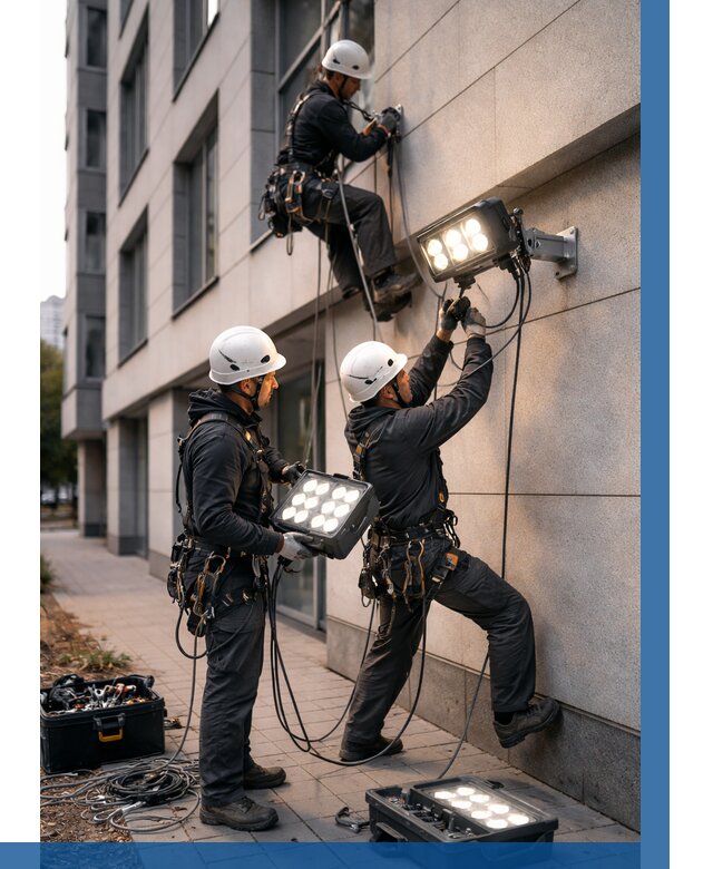 Монтаж прожекторов на фасаде в Сарапуле от 7743 р. | ВЫСОТНИК-Срл