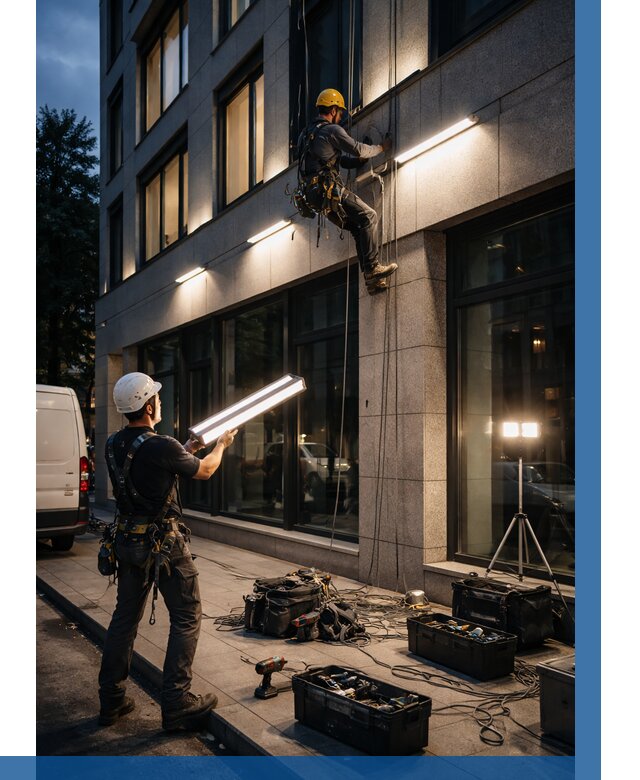 Монтаж архитектурной подсветки здания в Сарапуле от 2581 р.|ВЫСОТНИК-Срл