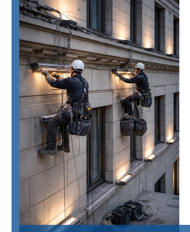 Монтаж архитектурной подсветки фасадов зданий в Сарапуле