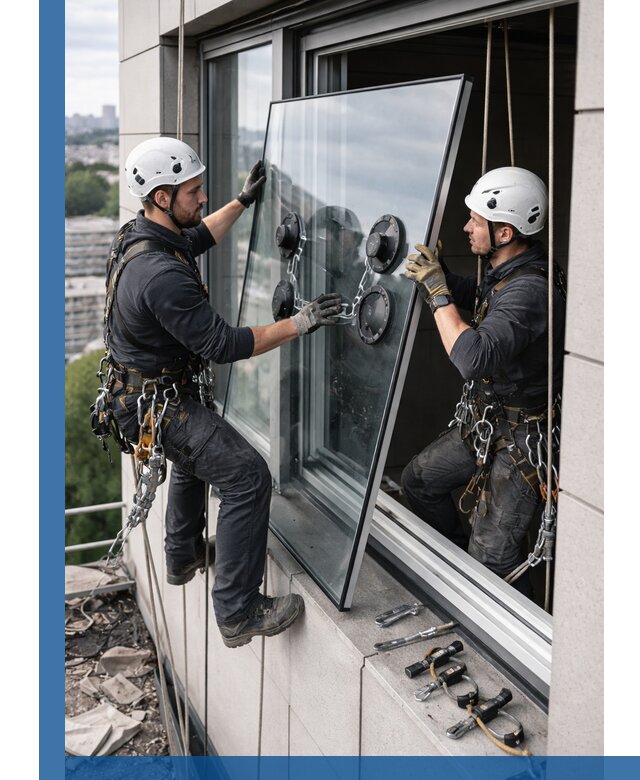 Замена стеклопакетов на высоте с промышленными альпинистами в Сарапуле