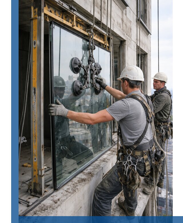 Монтаж стеклопакетов на высоте в Сарапуле с промышленным альпинизмом
