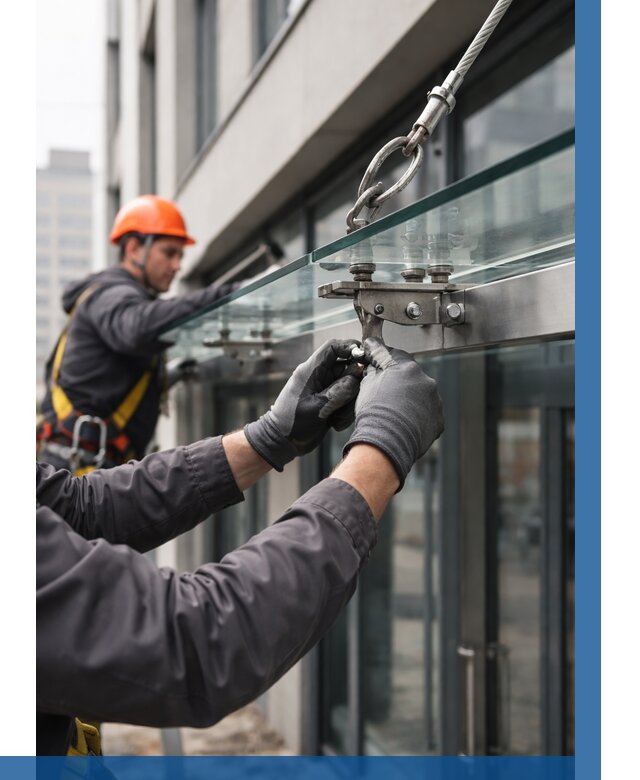 Монтаж стеклянных козырьков в Сарапуле от 8775 р. | ВЫСОТНИК-Срл