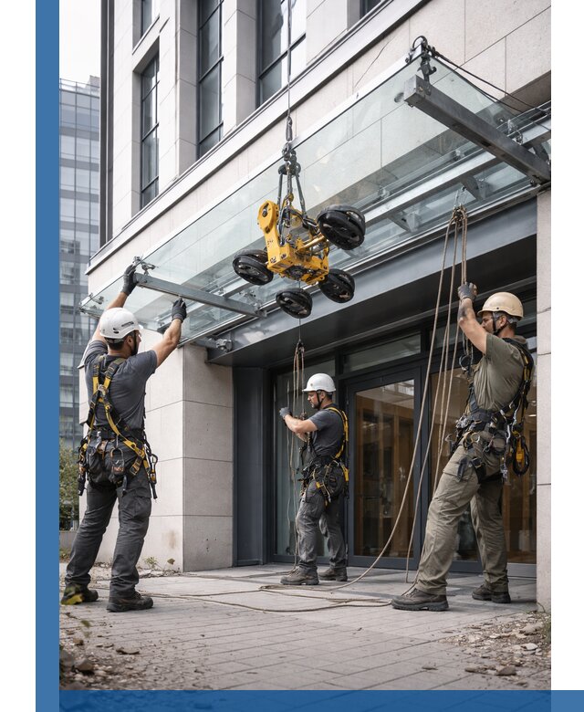 Монтаж стеклянных козырьков под ключ в Сарапуле для зданий