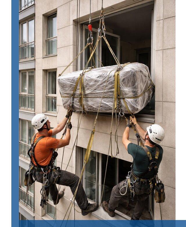 Подъем грузов через окно в Сарапуле промышленными альпинистами