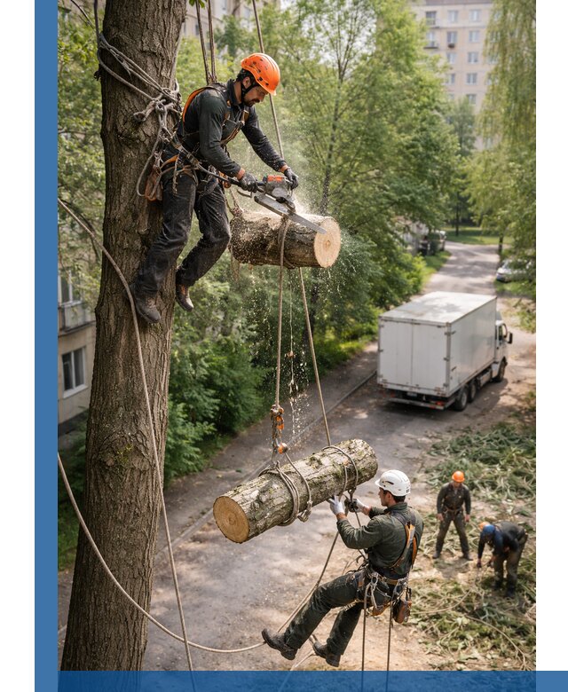 Спил деревьев альпинистами в Сарапуле, безопасно и без повреждений