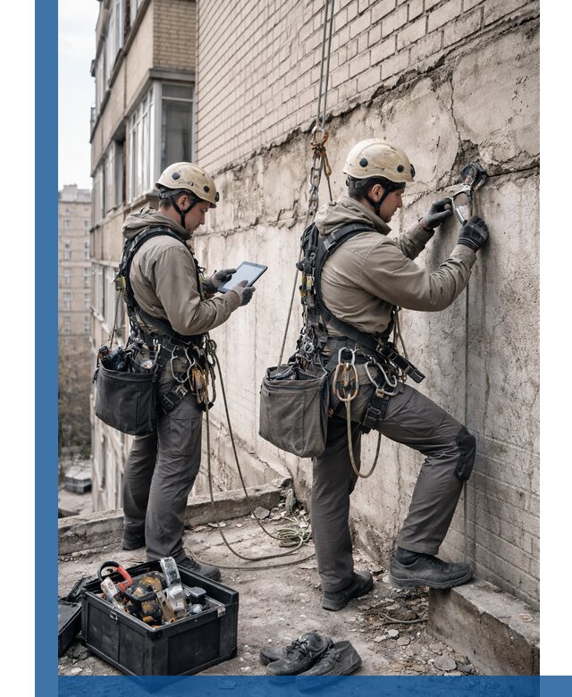 Обследование фасада промышленными альпинистами в Сарапуле